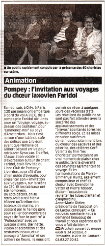 Article paru suite au spectacle présenté à Pompey en mai 2015