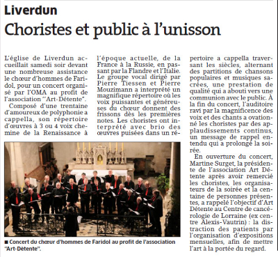 Article paru suite au concert du choeur d’hommes à Liverdun en mars 2016